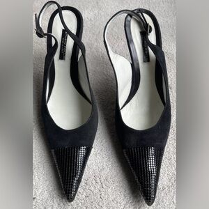 STUDIO POLLINI black suede mesh pointed toe shoes slingback heels 40 10